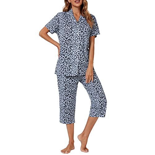 Image of Tugege Capri Pajamas Set Womens Button Down Short Sleeve Lounge Sets Sleepwear Notch Collar Top & Capri 2 Piece PJ Sets