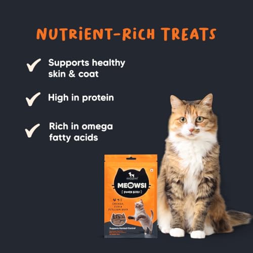 Image of Meowsi by HUFT Power Bites Cat Treats - Chicken, Fish & Psyllium Husk - 50 gm | Healthy Treats for Cats & Kittens | Supports Digestion | for Persian Cats & All Breeds | Crunchy Bites