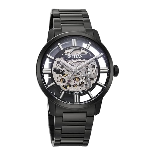Image of Titan See-Through Skeletal Automatic Analog with Black Dial Black Stainless Steel Strap Watch for Men - 90220NM01