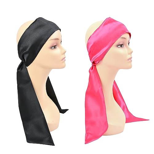 Satin Scarves for Lace Front Wigs Keep Wig Secured Silk Headband for Sports Yoga Facial (1 Piece Black and 1 Piece Pink)