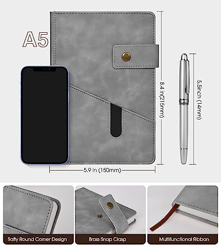Image of Lined Journal Notebook with Pen, A5 Personalized Hardcover Leather Journal for Men Women, 200 Pages 100 GSM Thick Paper College Ruled Notebooks for Work Travel School Writing Diary 5.9 inch X 8.4 inch Grey