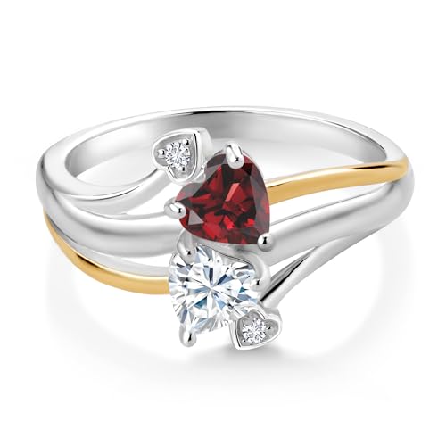 Gem Stone King 925 Sterling Silver and 10K Yellow Gold Red Garnet Moissanite and Lab Grown Diamond 2 Heart Promise Couple Mother Ring (1.12 Cttw, Available In Size 5, 6, 7, 8, 9)2