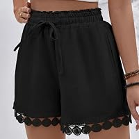 Mnking Shorts Damen Sommer Kordelzug Badeshorts Cover Up Elastisch High Waist Kurze Hose Leicht Atmungsaktiv Strandshorts mit Spitzenbesatz für Pool Strand Urlaub KZ8528W-Black-2XL – Ansicht 4