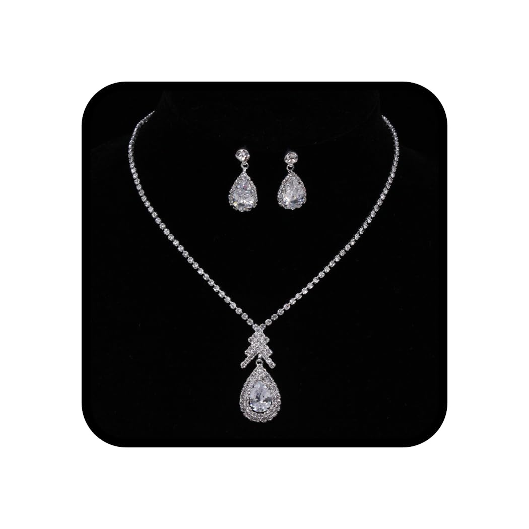 Ushiny Conjunto de joyería nupcial para boda Conjunto de collar y aretes de cristal brillante de plata Juego de aretes colgantes de diamantes de imitación para boda Mujeres y niñas