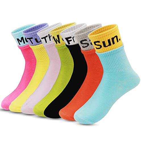 Unisun 7 paires de chaussettes en coton pour femmes Chaussettes du jour de la semaine Fashion Candy Color Chaussettes de la semaine des étudiants sportifs et décontractés