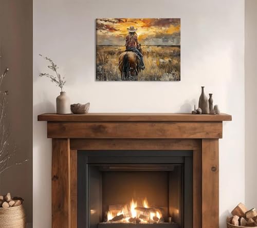 Image of OCRXLYTH Western Cowgirl Riding Horse Canvas Wall Art Cowgirl Wall Decor Pictures Sunset Countryside Landscape Painting Print Vintage Artwork for Living room bedroom country decoration 16x24