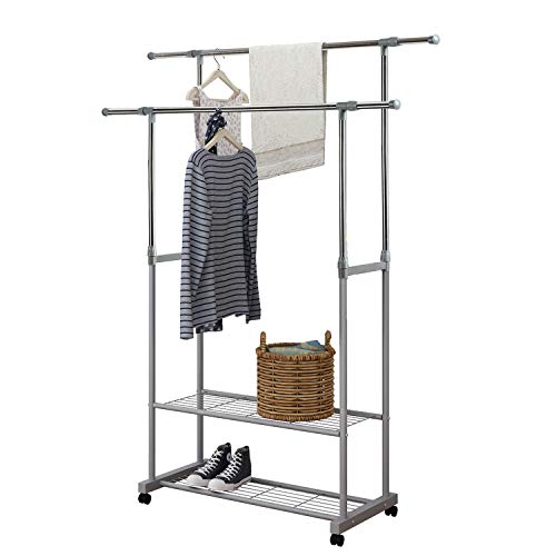 HOME BI Adjustable Garment Rack with 2 Tier Metal Shelf for Shoes Boxes, Rolling Clothes Organizer, High Capacity,Stainless Steel,Heavy Duty up to 110 pounds,Grey