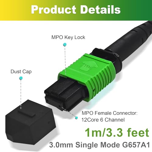 Image of 2Pcs 1m MPO Fiber Optic Patch Cord, Single Mode Cable Jumper Plug, Female to Female, 12 Core 6 Channel Type B, APC end face, LSZH 3.0mm G657A1, Compatible with 8 Core 4 Channel MPO