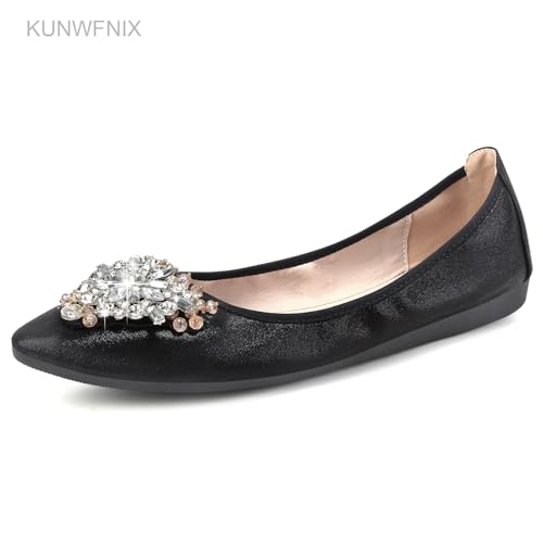 Image of KUNWFNIX Women Ballet Flats Rhinestone Wedding Ballerina Shoes Foldable Sparkly Comfort Slip on Flat Shoes
