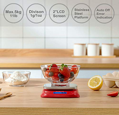 Nutri Fit Ultra Slim Food Scale Digital Kitchen 1G Increment Measure In Lb Oz Ml High Precision Weight In Grams And Oz For Coffee Making, Meal Prep - Red/Stainless Steel #TOP1