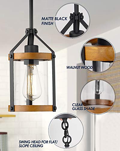 Hanass Farmhouse Wood Pendant Light, Black Glass Pendant Lighting For Kitchen Island In Walnut Wood, Length Adjustable, Md89418-Qh #TOP1