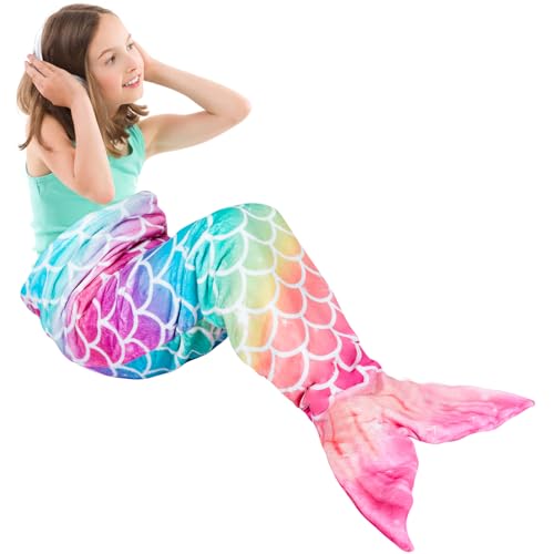 WERNNSAI Manta Cola de Sirena - Manta Portátil de Sirena de Felpa para Niñas Niños Adolescentes Manta para Acurrucarse de Forro Polar de Franela Suave All Seasons Bolsa de Dormir 140 x 60cm (Arcoíris)