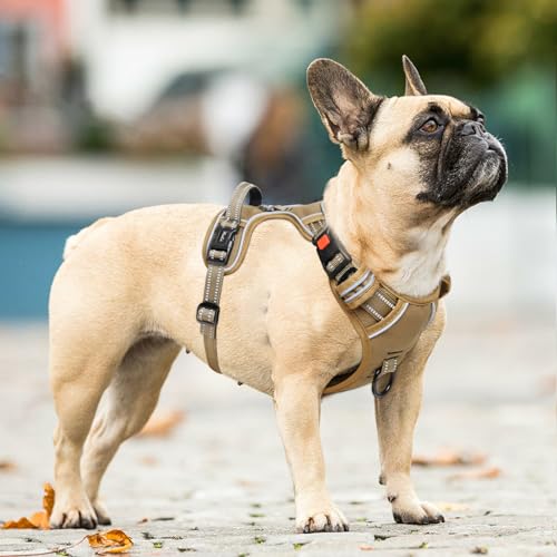 HEELE Hundegeschirr, Brustgeschirre für Hunde, Laufgeschirre Hund mit abschließbarem Schnappverschluss, einstellbare reflektierende Hundegeschirre, Offen am Hals, Anti Zug Dog Harness, Khaki, M