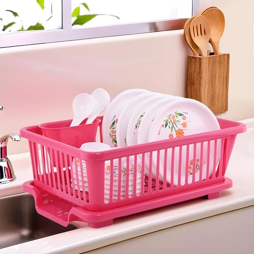 Image of Kuber Industries Plastic Sink Dish Drainer Rack | 3 in 1 Large Durable Drainer Drying Rack Washing Basket with Tray | Home & Kitchen Dish Rack Organizers, Utensils Tools Cutlery - Pink