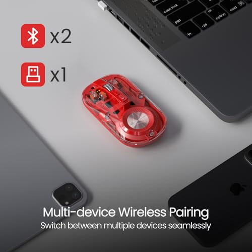 Image of Portronics Toad 8 Transparent Wireless Bluetooth Mouse with Dual Wireless (BT + 2.4 GHz), Rechargeable Battery, Noise-Free Clicking, Show /Hide Desktop, Multi-Device Pair, Adjust Sensitivity (Red)