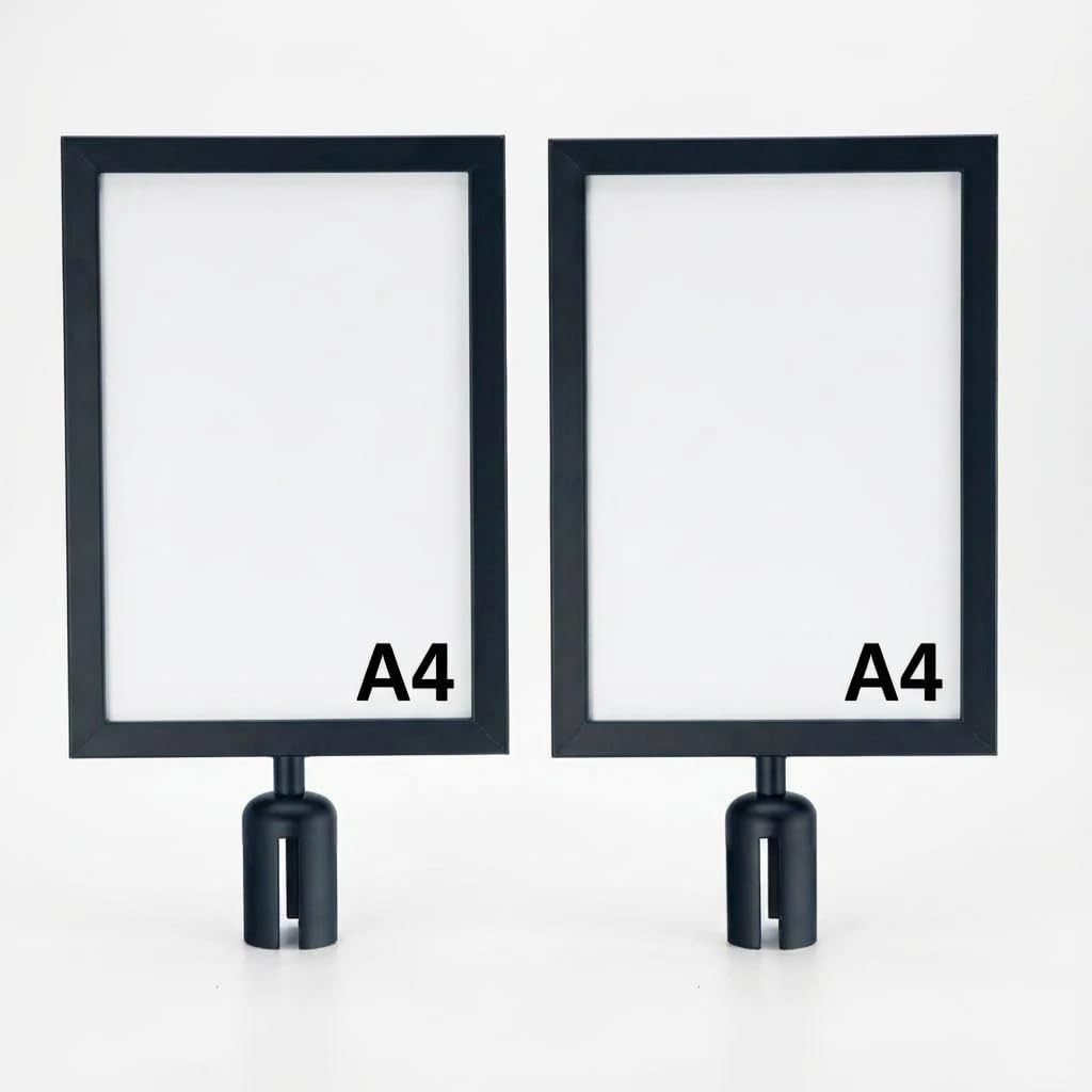 Porte Affiche A4 vertical pour poteau de guidage - Lot de 2 - Cadre double face en métal avec plexiglas, Support signalétique pour files d’attente, Diamètre max 63 mm - Noir mat