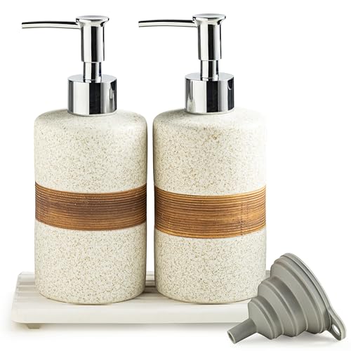 Image of 2 Pack Ceramic Soap Dispensers Set, Hand and Dish Soap Dispenser | Shampoo and Conditioner Dispenser Set, for Bathroom and Kitchen | with Stainless Steel Pump, Silicone Funnel and Tray, White