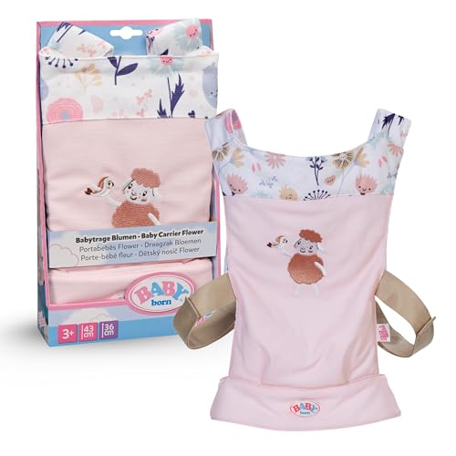 BABY born Baby Carrier – Doll Carrier for Children with 2 Viewing Directions & Adjustable Strap – Pink Carrier with Floral Details – Doll Accessory for all Dolls sized 36 cm & 43 cm