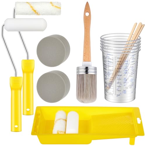 LemonRoad 18 Pieces Paint Brush and Roller Set, Painting Supplies for Cabinet Furniture, with Sponge, Tray Liner, Cup and Mixing Stick, Tools to Finish All in One Paint(4 Inch,Combo Brush Set)