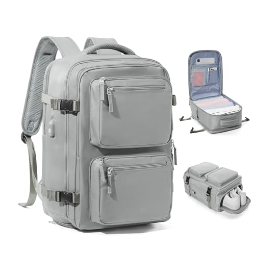 Laptop Backpack for Men Women, Flight Approved Travel Backpack Business Backpack with USB Charging Port, Casual Daypack College Computer Backpacks, Grey