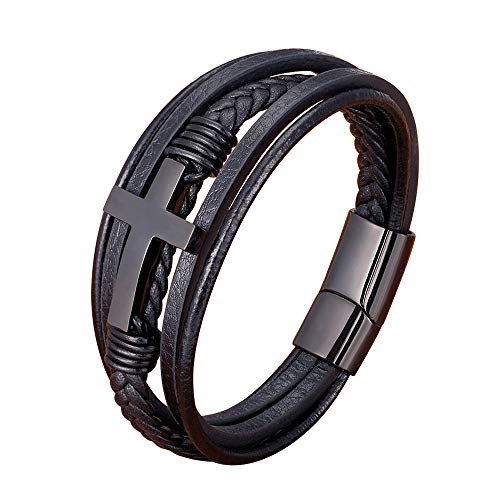 Multi-Layer Braided Leather Bracelets with Magnetic Clasp Mens Cuff Bracelets for Men Genuine Leather Bracelet Christian Leather bracelet Cross Religious Leather Bracelets (Black, 8.6)