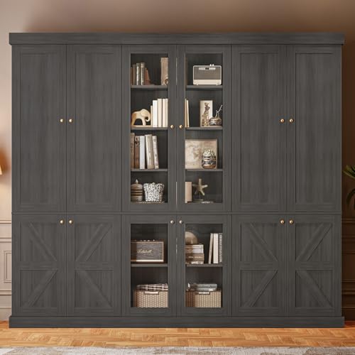 Image of Vyre 70.8 inch Tall Farmhouse Bookshelf, Modular Bookcase with Glass Doors, 6-Tier Adjustable Shelves, Large Storage Cabinet for Kitchen, Living Room, Black, Set of 3