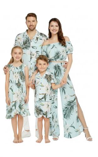 Image of Wispy Cereus Light Blue Family Matching Hawaiian Clothes | Family Matching Outfits • Soft Rayon Fabric • Tropical Floral Print • Vacation Ready • Luau Party Wear