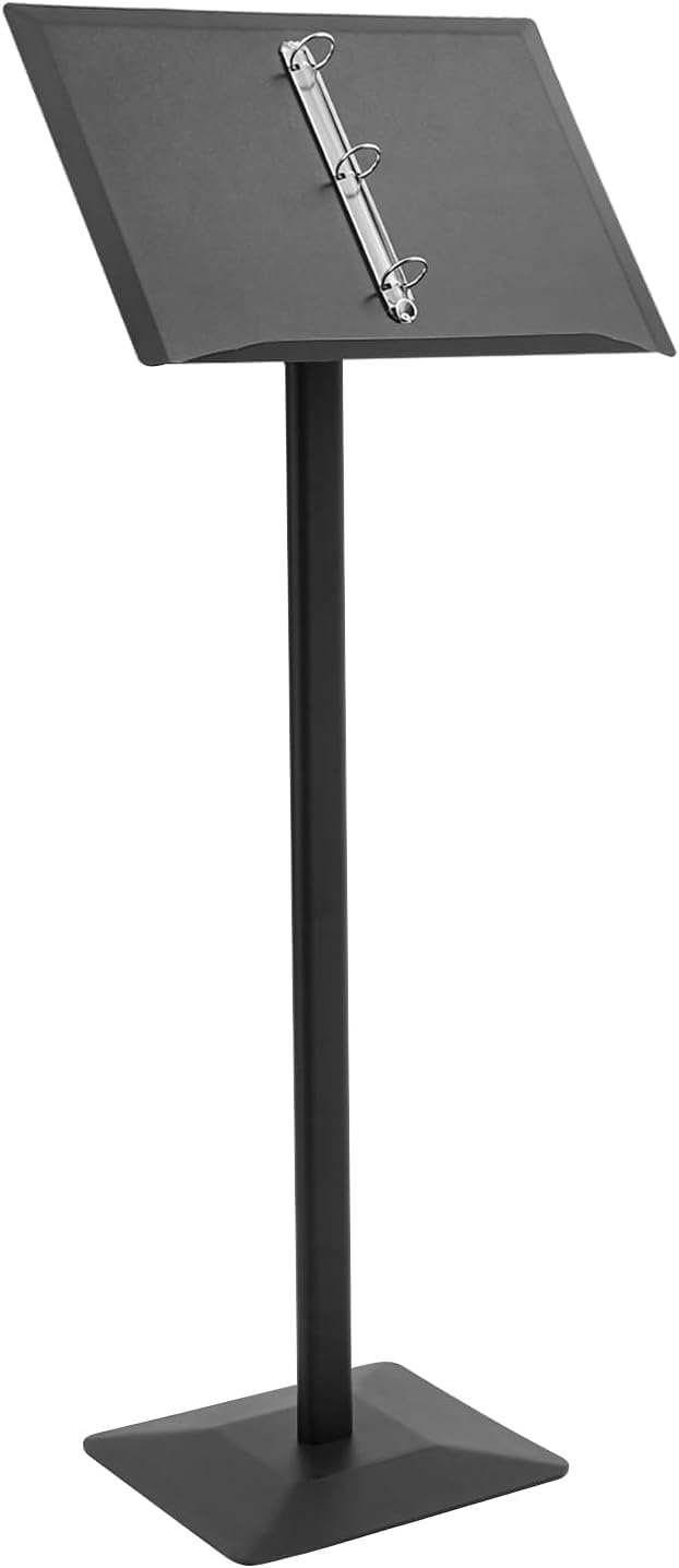 Podium Stand, Vertical Flip Menu Stand, 45Inch Heavy Duty Metal Speech Presentation Stand with Ring Binder, Anti-Slip Base & Tilt Panel for Church, Conference, Restaurants, Coffee Shops
