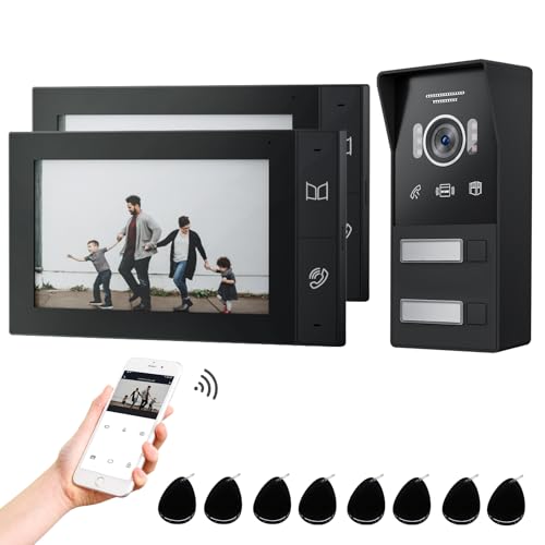 JeaTone Videoportero WiFi 2 Hilos,1080P Videoportero 2 Monitores,Pantalla Táctil IP de 7',Grabación y reproducción,Detección de Movimiento,Desbloqueo por App/Tarjeta RFID