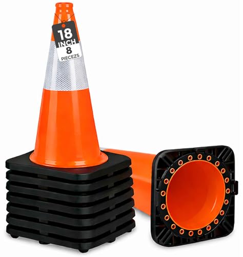 Image of (8 Cones) BESEA 18 inch inch Traffic Cones Traffic Safety Cones Black Base Construction Road Parking Cone with 6 inch Highly Reflective Collar(8Pack)