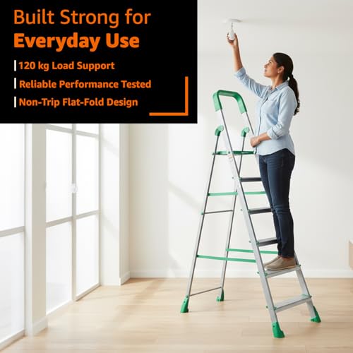 Image of Amazon Basics Clamber Pro - Foldable Step Ladder, Firm Grip, 6 Steps (Aluminium Steps, Green & Satin)