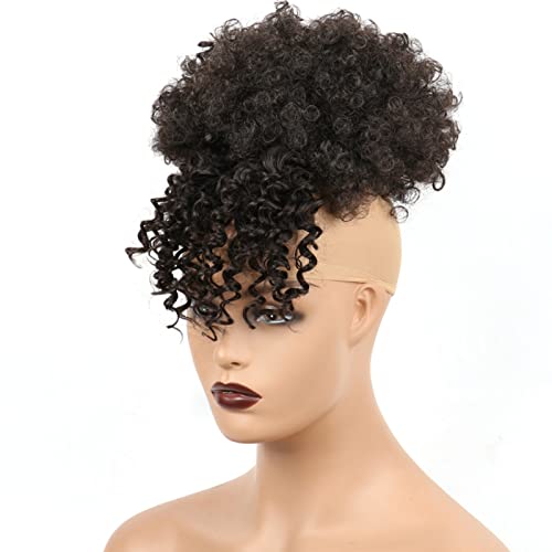NICENEEDED Afro Puff Drawstring Ponytail With Bangs, Black Pineapple Updo Hairpieces for Black Women, Kinky Curly Ponytail Clip in Bangs Short Hair Extension for Halloween - Image 4
