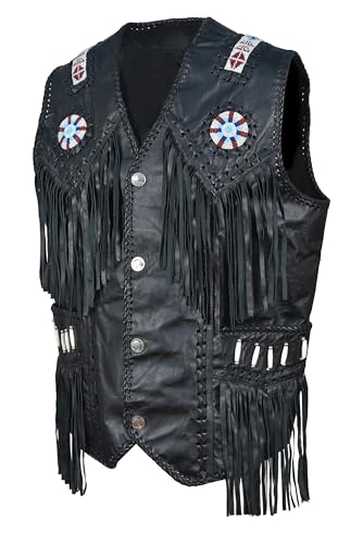 Image of Men's Western Cowhide Suede & Leather Vest - Beaded Fringe Yoke & Back Native-Inspired Cowboy Biker Vest