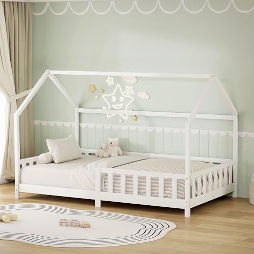 ML-Design Letto a Casetta per Bambini 120x200 cm con Protezione Anticaduta, Tetto e Rete a Doghe, Bianco, Letto a Terra Montessori in Legno Massello di Pino, Letto Singolo per Cameretta
