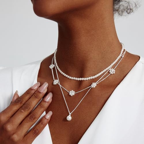 Image of Zeffy Gold Pearl Necklace for Women, Dainty 14K Gold /Silve Plated Layered Pearl Choker Pearl Earrings Pearl Bracelets Wedding Trendy Gold Jewelry Set for Women Gifts