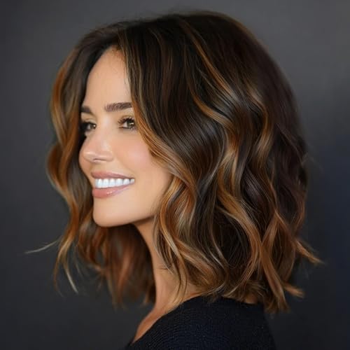 AISI HAIR 14 Inch Highlights Caramel Brown Wigs for Women - Shoulder Length Wave Wig with Pre-Cut Lace Hairline, Middle Part Natural Wavy Bob Synthetic Heat Resistant Fiber for Daily and Party