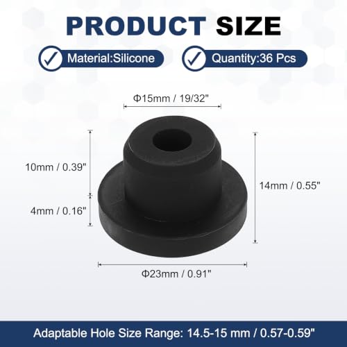 Image of MECCANIXITY 36pcs T-Shaped Silicone Plugs 15mm 19 /32 Inch Dia, Black | Snap in Plug Hole Seal Cover Round Rubber Stopper for 14.5-15mm Holes Kitchen Rubber Bulkheads Waterproof Sealing