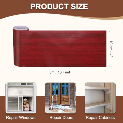 Image of MECCANIXITY Wood Grain Repair Tape, 4 Inch x 16 Feet Self Adhesive Wood Grain Tape Multi-Purpose Wallpaper Border Trim for Furniture Floors Windows Doors Tables Home, Red