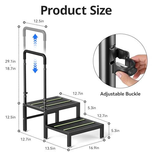 Image of 2 Step Stool with Handle, Heavy Duty Step Stool for Elderly and Adults, Adjustable Handrail with Non-Slip Platform, Bedside Steps for High Beds, Kitchen and Bathroom