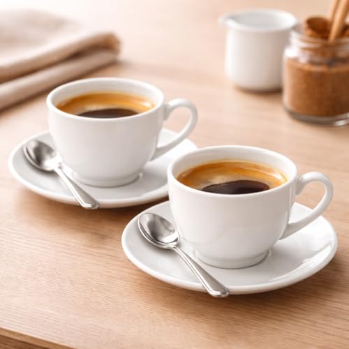 طقم فناجين مع صحون من ماستر جولد، مصنوع من الخزف، سعة 90 مليلتر، باللون الأبيض، حافظ للحرارة و متين و سهل التنظيف، عدد القطع: 6