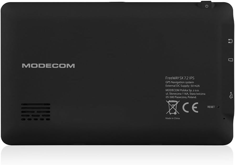 Rear view of the Modecom Freeway SX 7.2 IPS navigation device showing model information and ports.