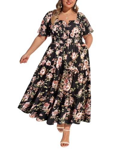 Image of RITERA Plus Size Dresses for Curvy Women Square Neck Short Sleeve Summer Floral Smocked Maxi Dress with Pocket XL-5XL