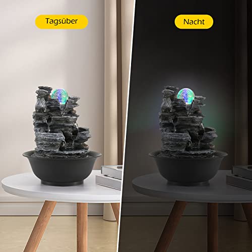 Dyna-Living Zimmerbrunnen Tischbrunnen mit Rollender Kugel, Brunnen Polyresin Springbrunnen LED-Beleuchtung Mehrfarbig, Tischplatte Wasserbrunnen Steingarten