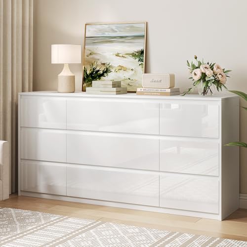 Image of White Dresser for Bedroom, 60.2 inch W High Gloss Large 9 Drawers Dressers with Handle Free, Wide High Gloss Chest of Drawers Large, Long Modern Storage Drawer Dresser for Bedroom, Living Room