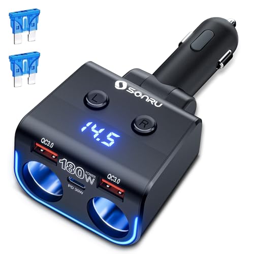 Image of SONRU 180W Cigarette Lighter Splitter,30W PD Dual QC3.0 Car Charger Adapter | 24V /12V Car USB Adapter 2-Socket with Voltmeter Fast Charging for iPhone 17 /16 /15 Car Devices