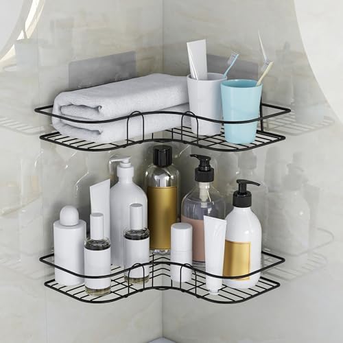 Image of Plantex Corner Shelf for Bathroom /GI Steel Shelf with Minor Surface Marks from Transit, Fully Quality Checked /Self Adhesive Bathroom Organizer - Pack of 2 (Black)