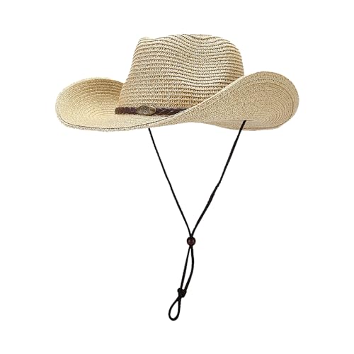 Image of Straw Cowboy Hats Western Cowgirl Hat for Holiday Woven Beach Sun Hat with Shapeable Wide Brim Cowboy Hat for Women /Men
