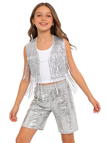iiniim Niña Conjuntos Vestidos Baile Jazz Conjunto Chaleco Y Shorts Con Sequines Y Borlas Camiseta Brillante Ballet Plata 15-16 años
