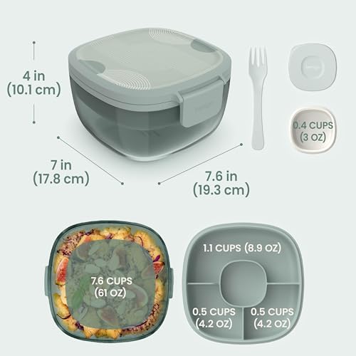 Image of Bentgo Glass Salad Container, 7.6-Cup, 4-Compartment Tray, Reusable Fork