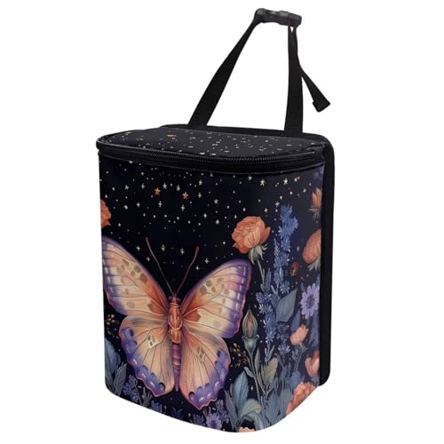 Image of Talayituse Butterfly Rose Flower Print Car Trash Can with Adjustable Straps, Car Trash Bag Bin Car Garbage Bag Multipurpose Storage Box for Vehicle Travel Camping Picnicing
